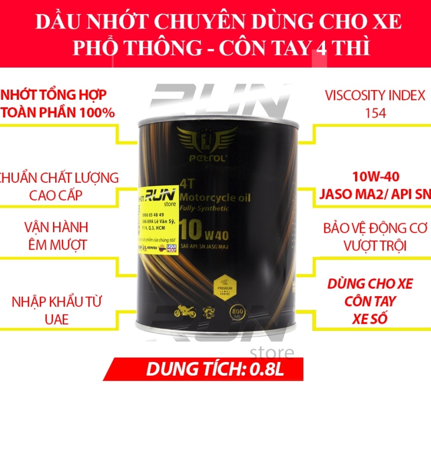 THÙNG Nhớt  PETROL ONE 10W40 MA2 800ml X 12 LON FULLY SYNTHETIC - Made In UAE