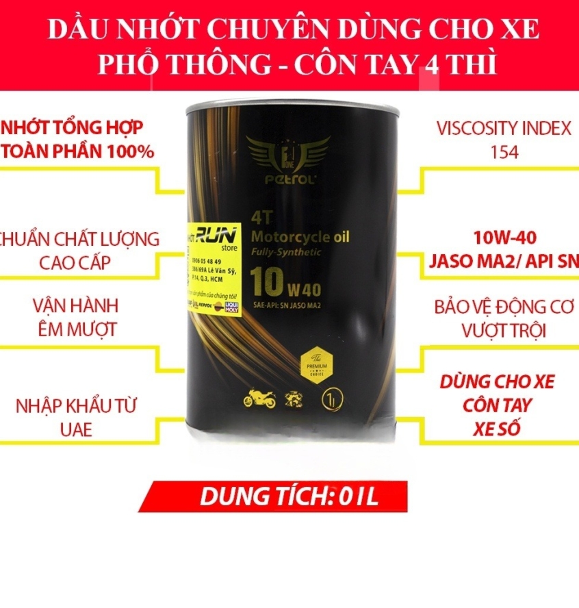 THÙNG Nhớt Tổng Hợp PETROL ONE 10W40 MA2 – API SN – 1000ml X 12 LON