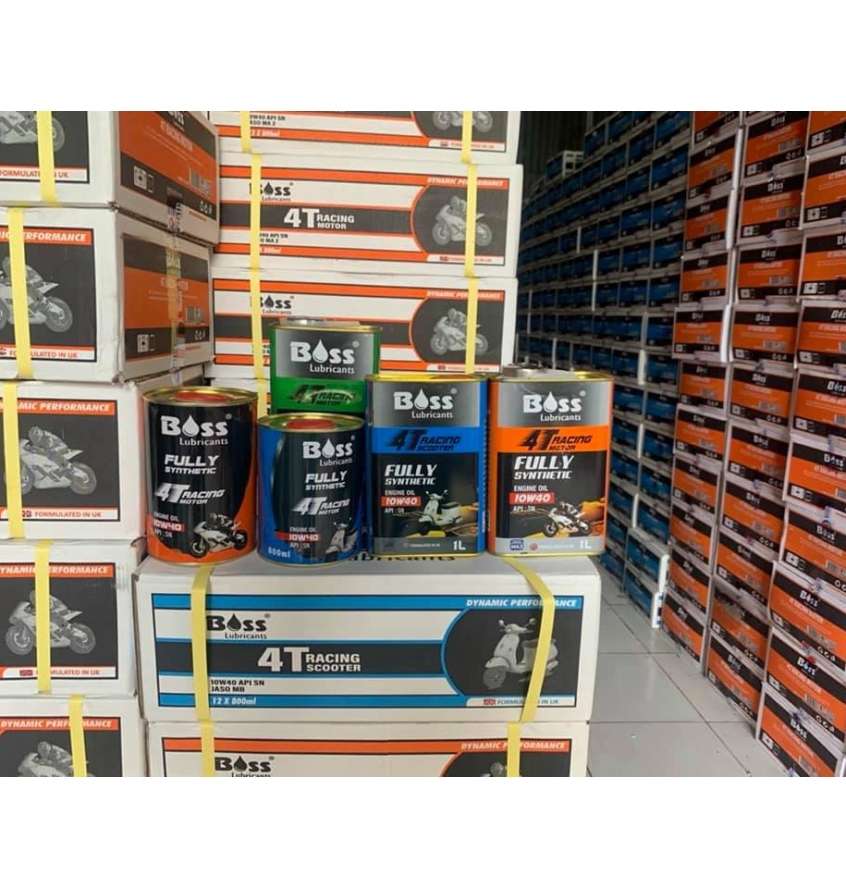 THÙNG NHỚT TỔNG HỢP NHẬP KHẨU CAO CẤP BOSS RACING MOTOR 4T API SP 10W40 MA2 - 1L3 X 12 LON