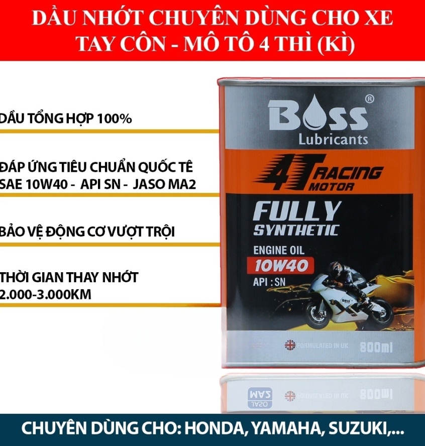 THÙNG Nhớt Nhập Khẩu cao cấp BOSS RACING MOTOR 4T 10W40 MA2 - 800Mml X 12 LON - Fully Synthetic LUBRICANTS