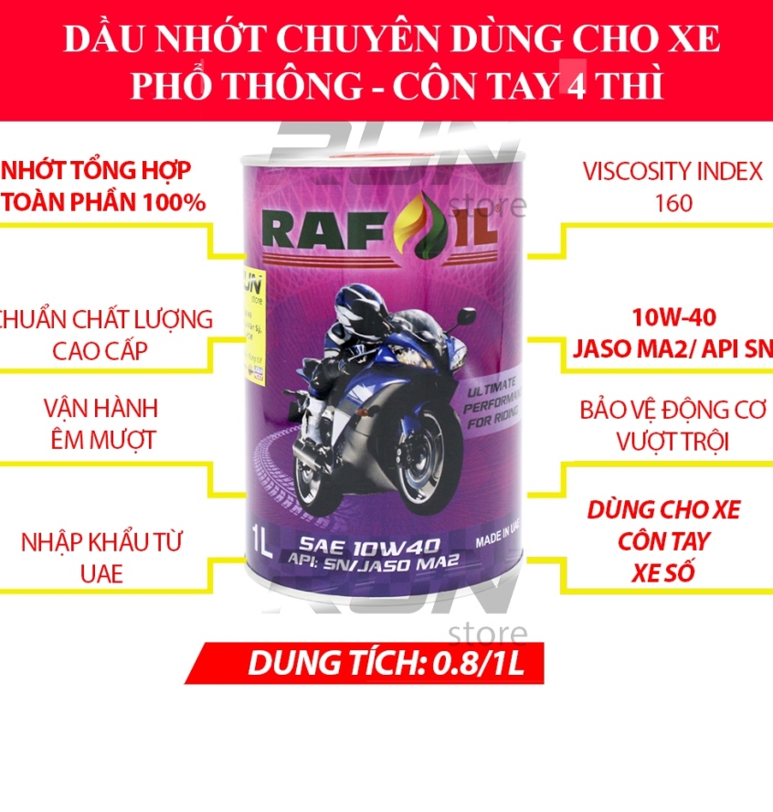THÙNG Nhớt Tổng Hợp Toàn Phần RAFOIL 10w40 1000ml – Made In UAE - Nhớt Dùng Cho Xe Số, Côn Tay