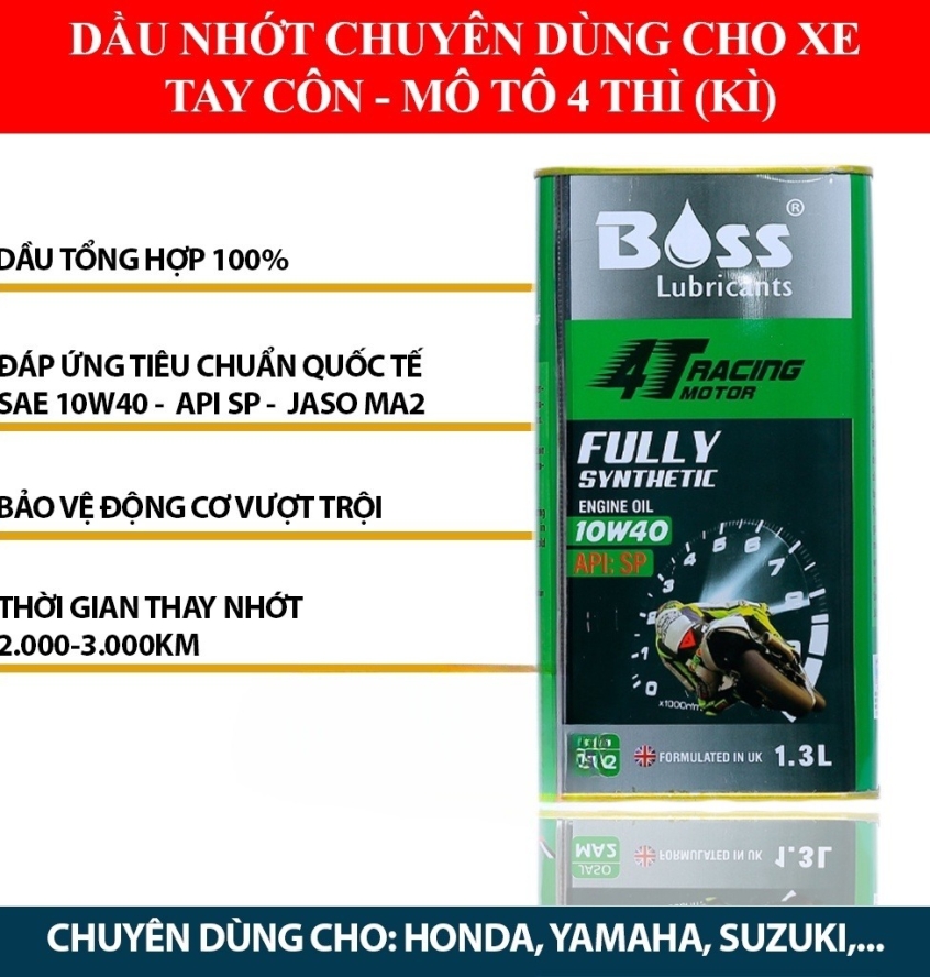 THÙNG NHỚT TỔNG HỢP NHẬP KHẨU CAO CẤP BOSS RACING MOTOR 4T API SP 10W40 MA2 - 1L3 X 12 LON